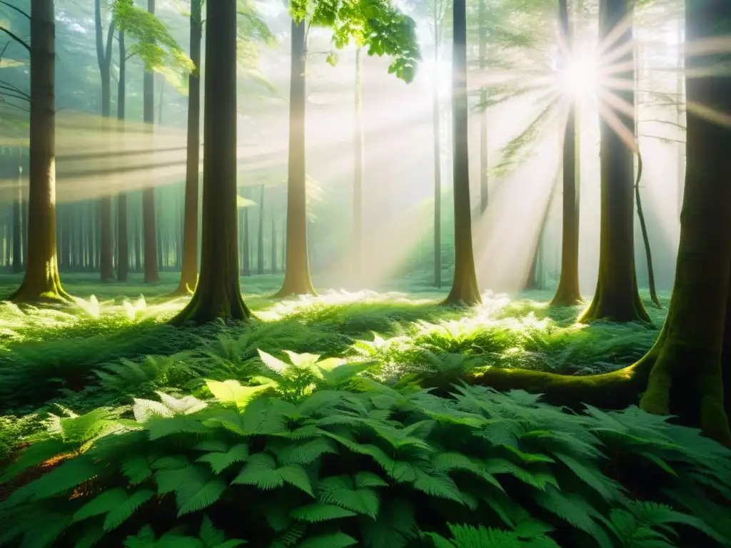 Un bosque exuberante, con luz solar filtrándose entre las hojas, proyectando sombras en el suelo