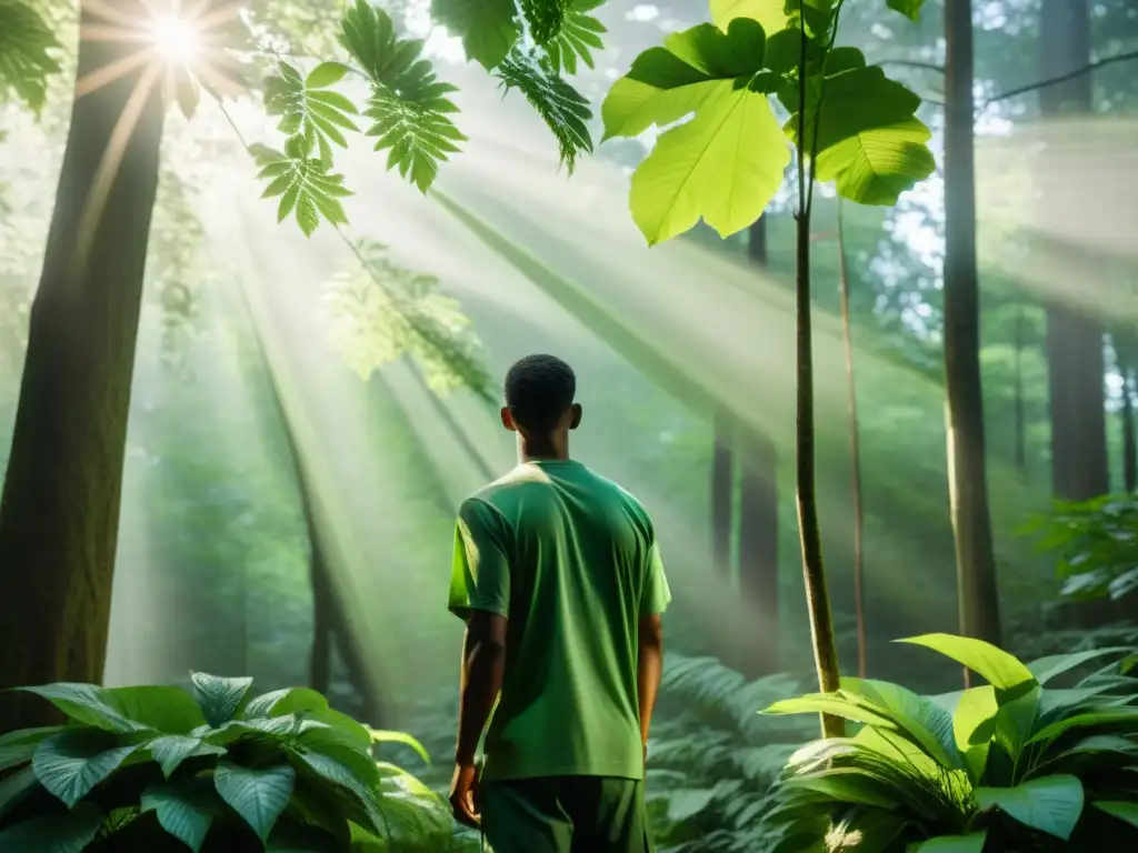 Un bosque exuberante y sereno con luz solar entre las hojas