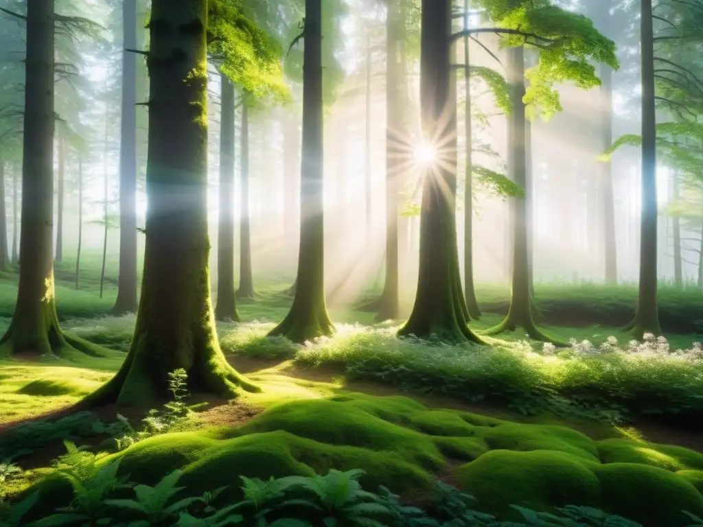 Bosque verde sereno: luz solar entre árboles majestuosos Un bosque exuberante y sereno, con luz solar filtrándose entre las hojas y creando sombras