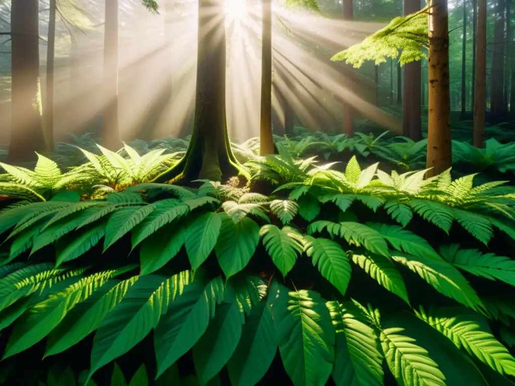 Un bosque exuberante y sereno, con luz solar filtrándose entre el dosel, creando patrones de sombras