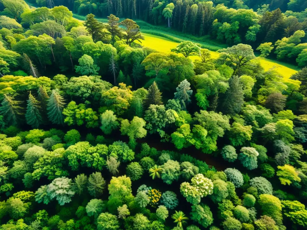 Bosque exuberante: luz solar crea paisajes mágicos Un bosque exuberante y vibrante desde arriba, con luz solar filtrándose entre el dosel y creando patrones en el suelo