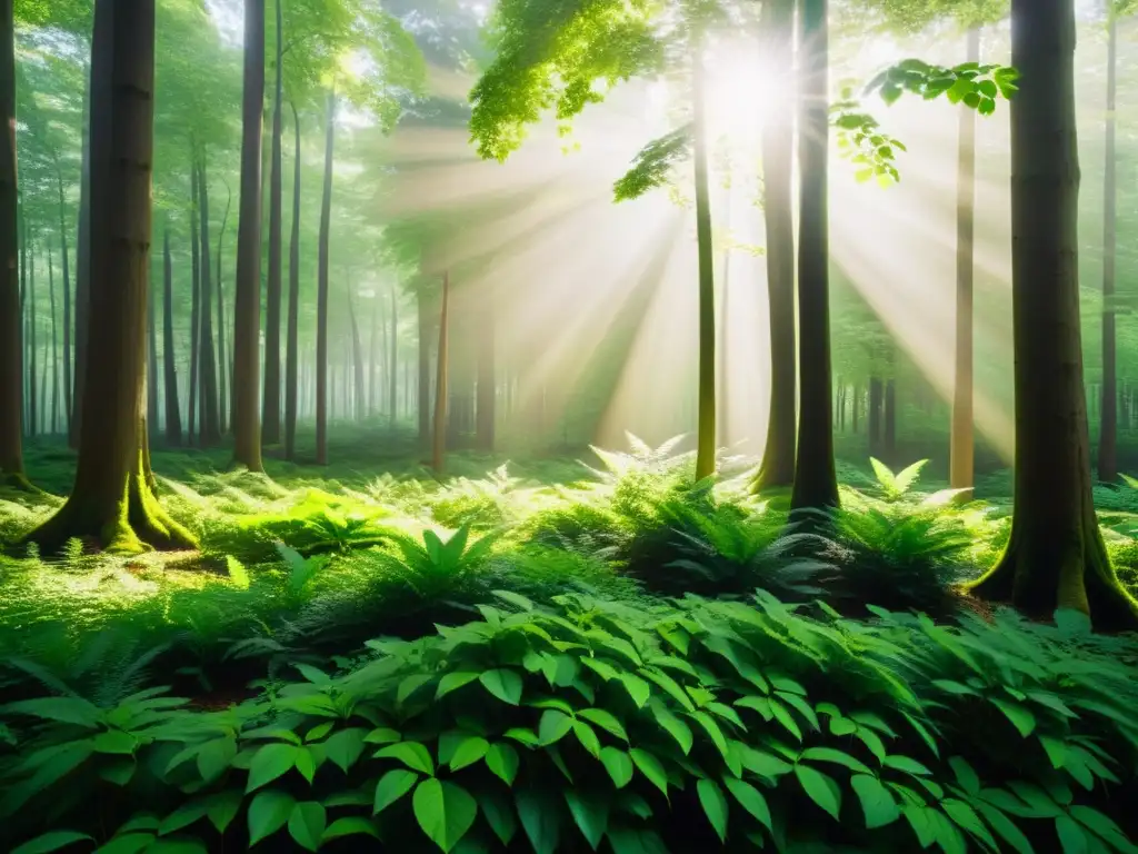 Un bosque verde exuberante con luz solar filtrándose entre las hojas, simbolizando la relación entre medio ambiente y economía