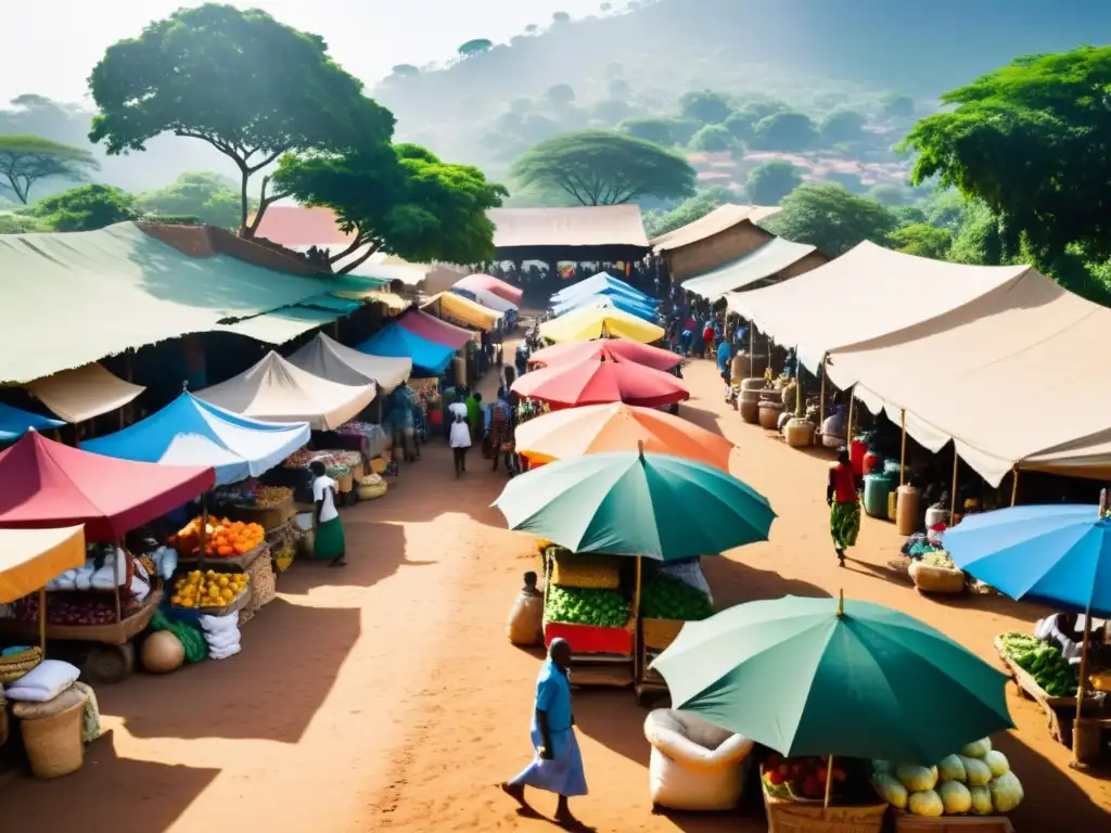 Una bulliciosa feria africana con coloridos textiles, productos frescos y artesanías