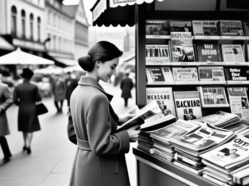 Una bulliciosa revistería en blanco y negro del siglo XX con revistas de economía austriaca, evocando nostalgia y vida urbana animada