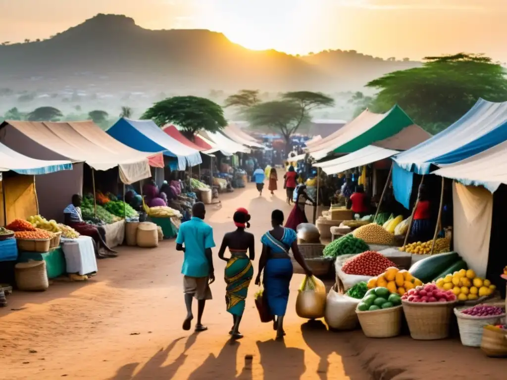 Un bullicioso mercado africano con colores vibrantes y ropa tradicional, mostrando pequeños negocios y vendedores locales