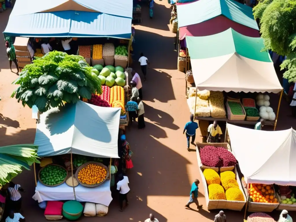 Mercado africano vibrante: textiles, alimentos y artesanías Un bullicioso mercado africano con puestos coloridos, productos frescos y artesanías