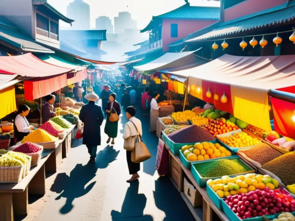 Un bullicioso mercado asiático con vendedores ofreciendo frutas coloridas, especias y textiles