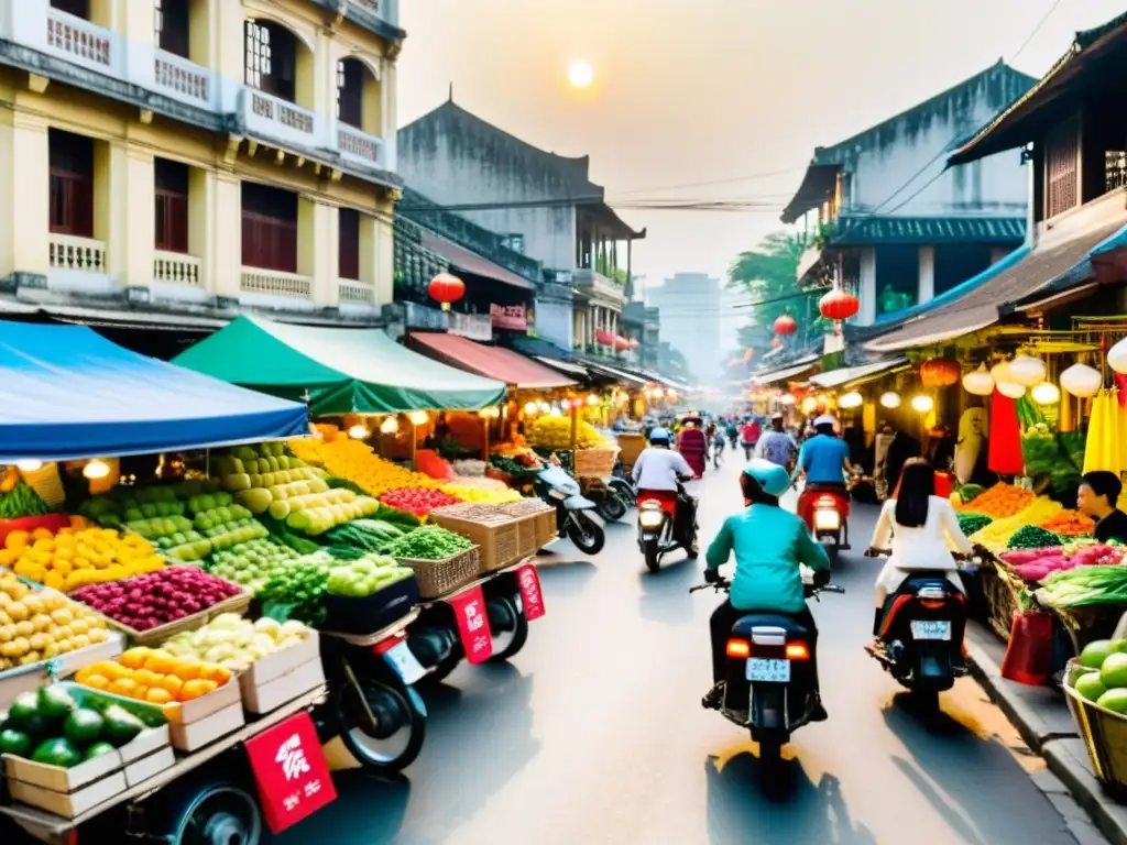Un bullicioso mercado callejero en Hanoi, Vietnam, con puestos coloridos y gente