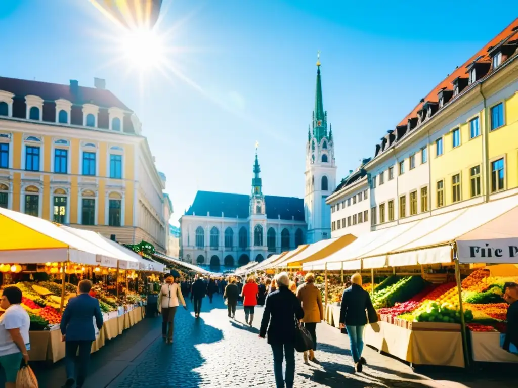 Un bullicioso mercado callejero en Viena, Austria, con puestos coloridos de productos frescos, artesanías y arquitectura histórica