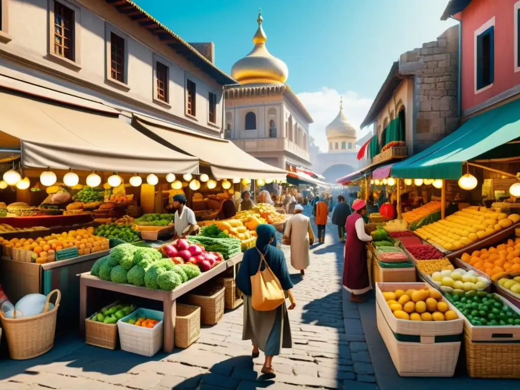 Un bullicioso mercado en una ciudad histórica, con vendedores, clientes y colores vibrantes