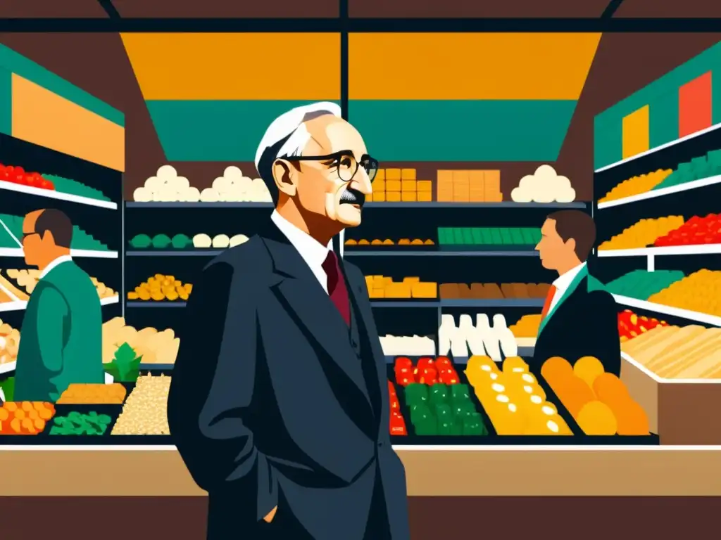 Friedrich Hayek reflexiona en un bullicioso mercado, fusionando enfoques contemporáneos con sus teorías económicas