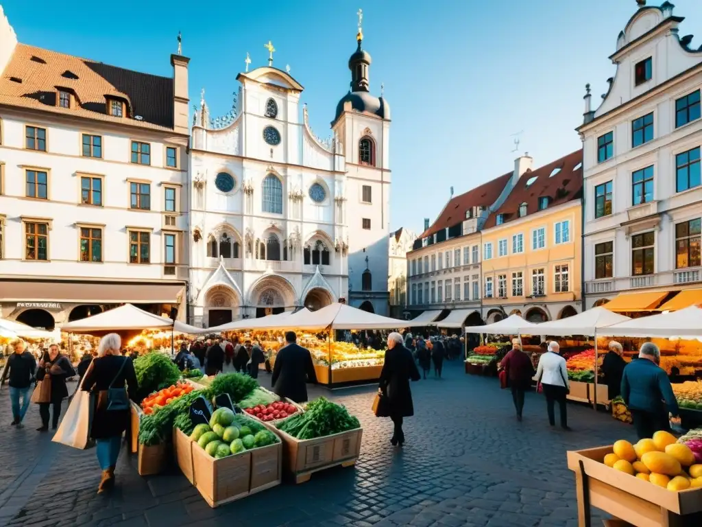 Un bullicioso mercado en una histórica ciudad europea, con puestos de productos frescos, gente animada y arquitectura gótica y barroca