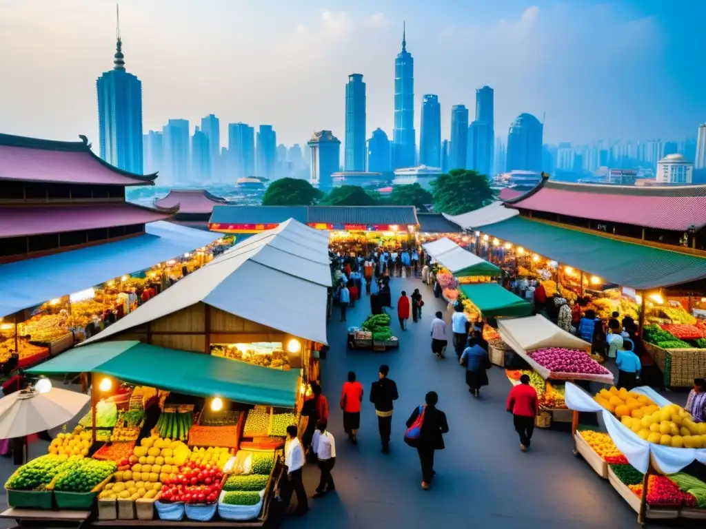 Un bullicioso mercado lleno de colores y aromas, donde los clientes regatean y exploran entre frutas, verduras y especias