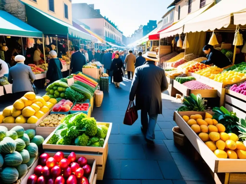 Un bullicioso mercado lleno de coloridos puestos y vendedores animados, rodeado de una multitud diversa de compradores y comerciantes