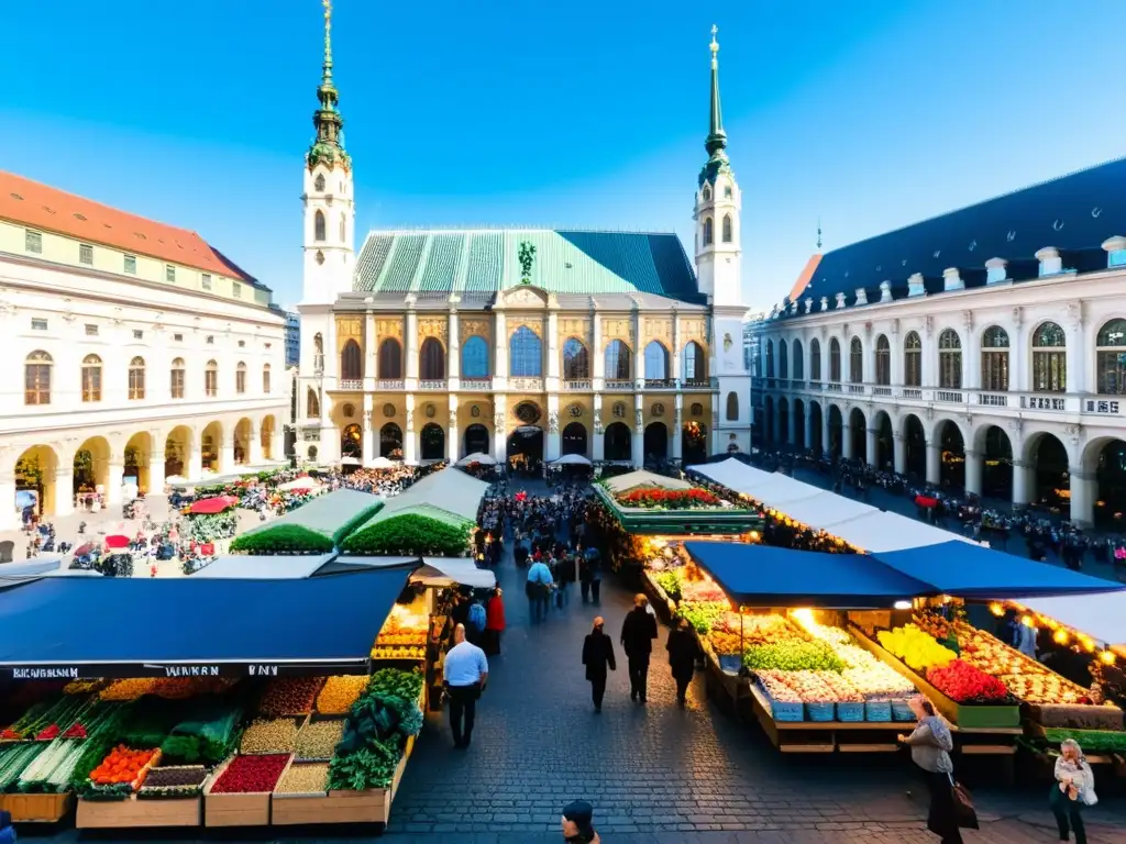 Un bullicioso mercado en Viena, con luz solar entre el techo de hierro y cristal, creando patrones en el suelo empedrado