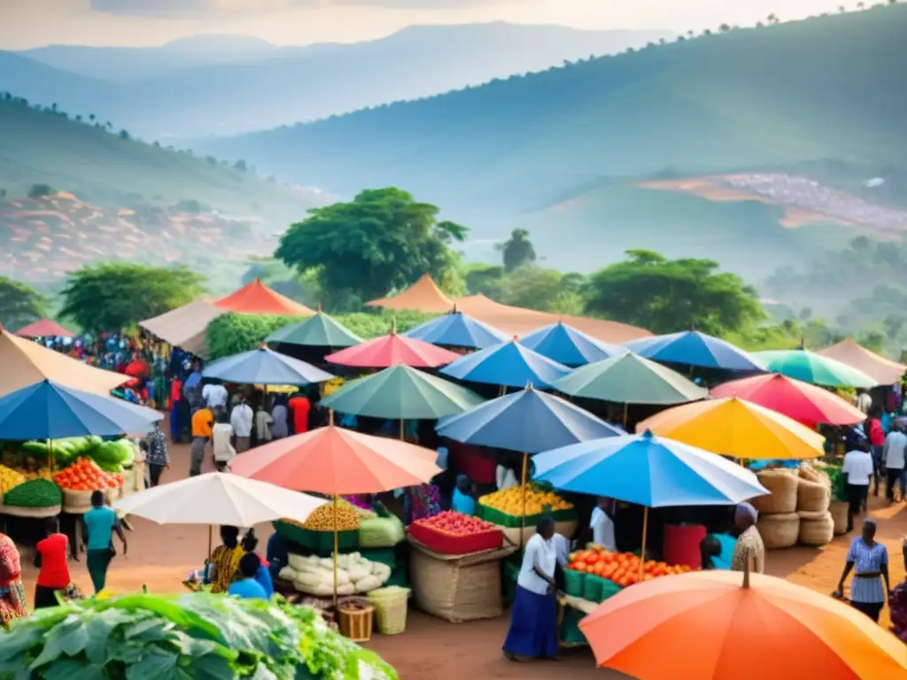 Un bullicioso mercado en Ruanda, con vendedores ofreciendo textiles vibrantes, productos frescos y artesanías