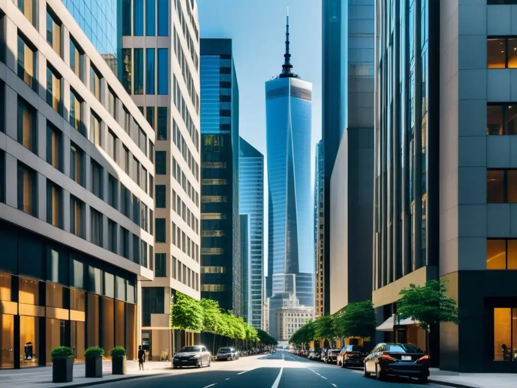 Una calle bulliciosa de una ciudad, con un callejón estrecho entre rascacielos modernos