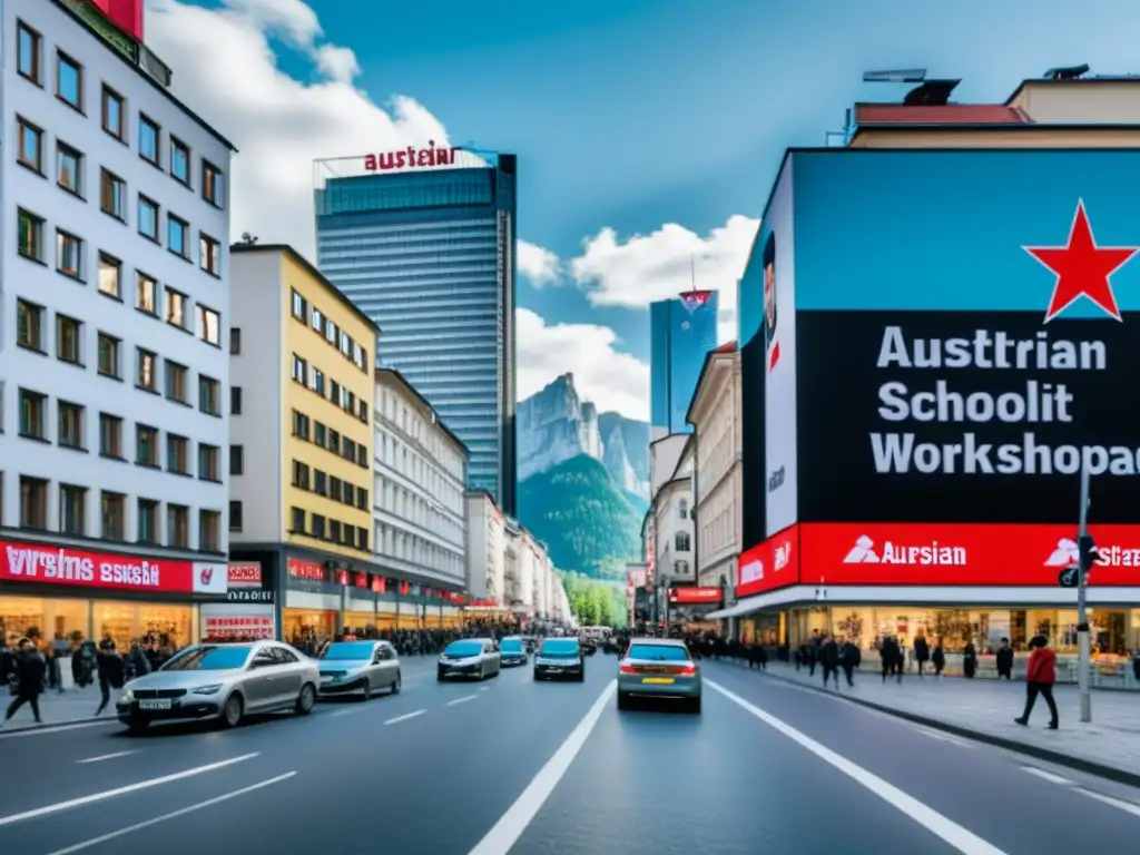 Calles de la ciudad en auge del socialismo y Escuela Austriaca, reflejando el contraste de ideologías en un paisaje urbano minimalista