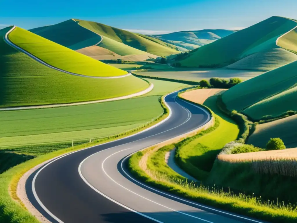 Un camino serpenteante a través de un campo verde y cielo azul, evocando progreso y la reforma tributaria Escuela Austriaca