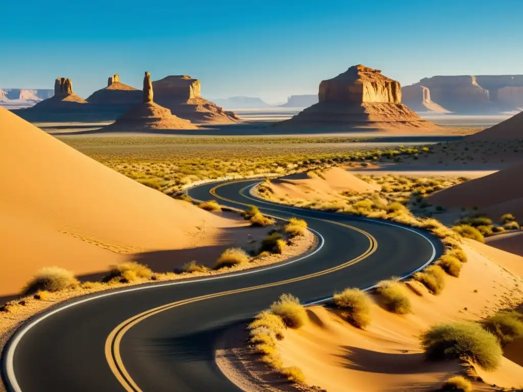 Un camino serpenteante se adentra en un vasto desierto dorado bajo un cielo azul