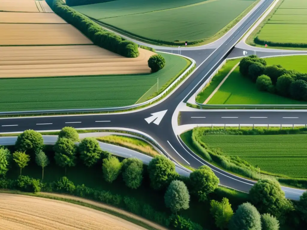 Intersección de caminos en la campiña europea, representando el impacto de la Escuela Austriaca en la Unión Europea