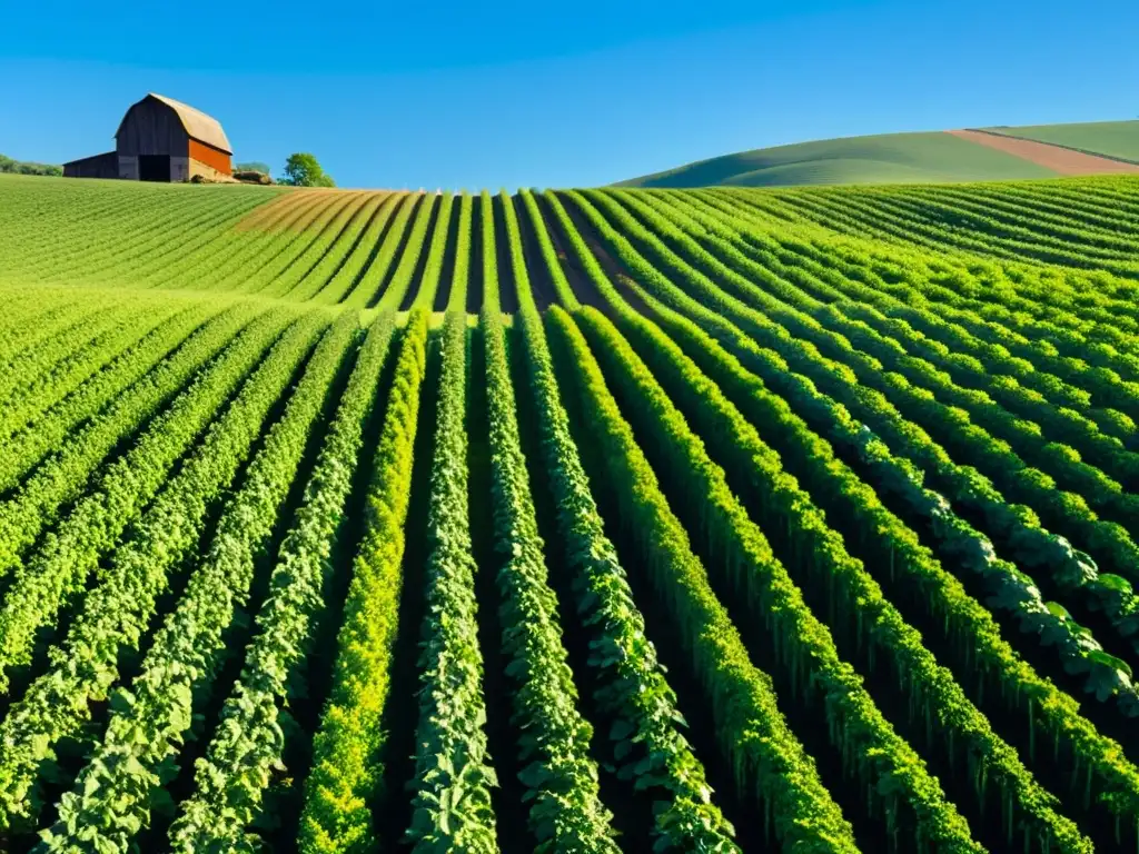 Un campo de cultivos exuberantes, bañado por el sol, se extiende hasta el horizonte