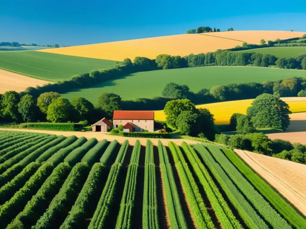 Campo extenso y fértil con cultivos ordenados, casa rural y cielo azul