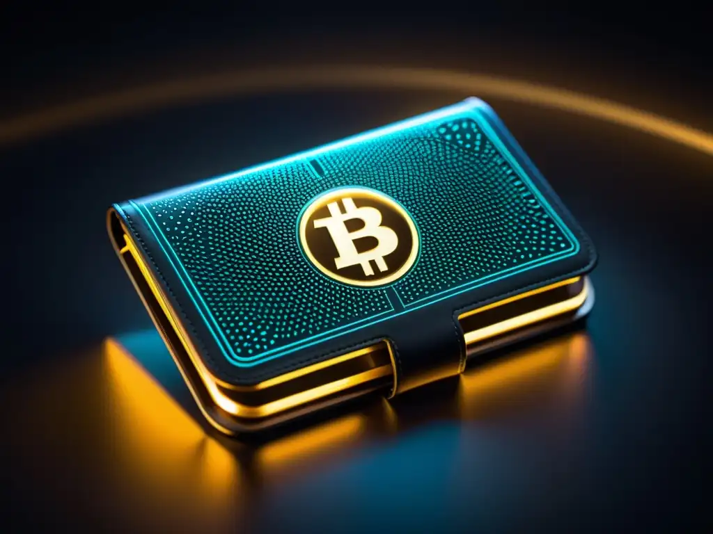 Una cartera de criptomonedas digital con patrones geométricos intrincados y diseño minimalista, iluminada por la moneda digital