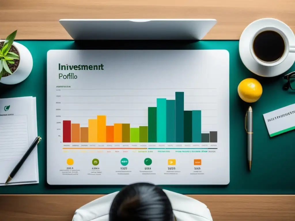 Portafolio de inversión diversificado en un escritorio moderno Una cartera de inversión diversa y minimalista, aplicando la teoría austriaca en la gestión financiera, con activos de stocks, bonos, bienes raíces y materias primas en un escritorio moderno y elegante