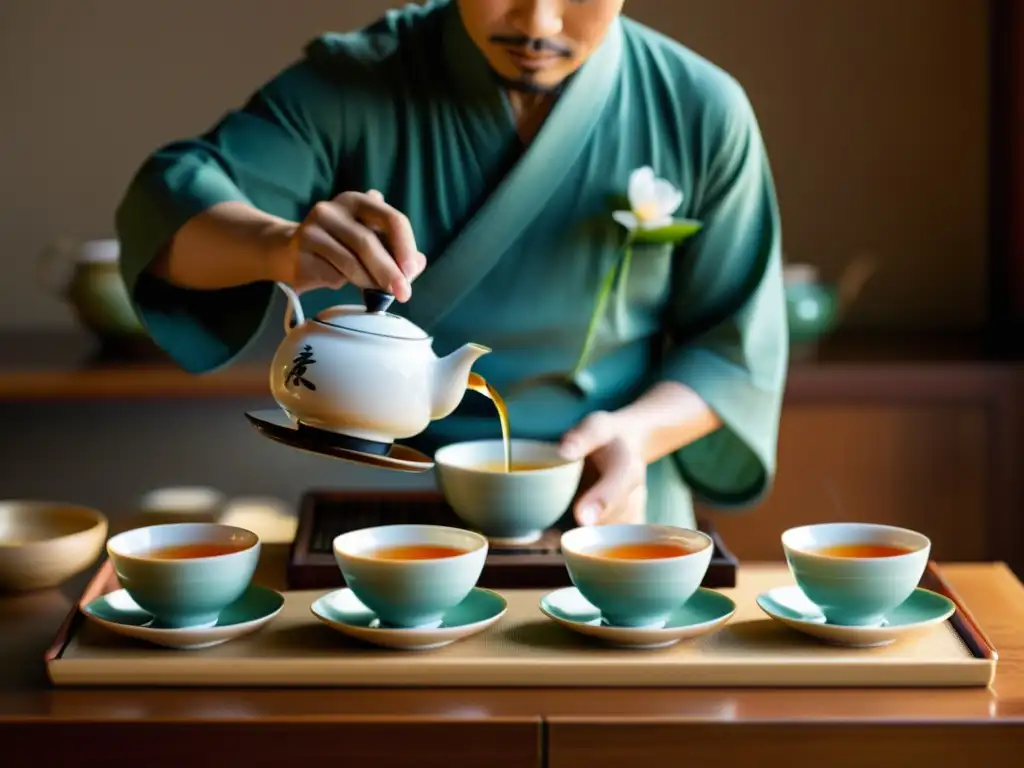 Una ceremonia del té tradicional taiwanesa en la Escuela Austriaca de Economía en Taiwán, con movimientos delicados y una atmósfera serena y cultural