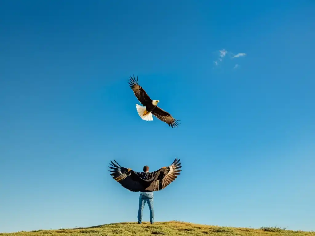 Águila majestuosa surcando el cielo azul Un cielo azul claro se extiende hacia el horizonte con un águila sobrevolando, simbolizando los principios del éxito económico