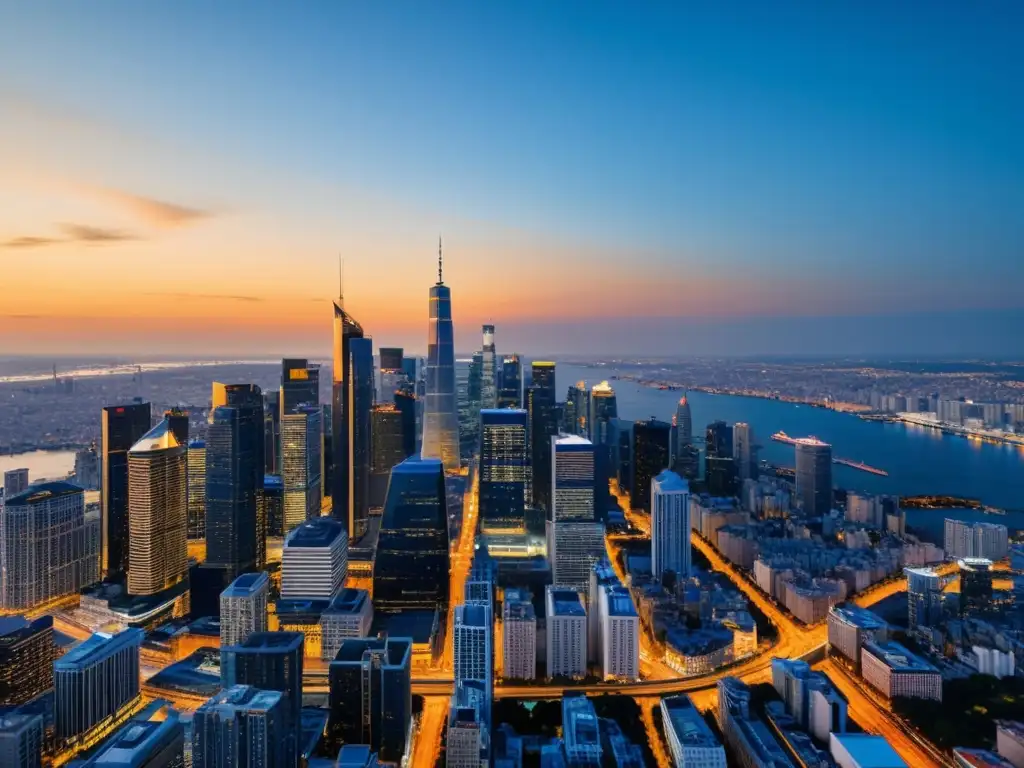 Horizonte urbano al atardecer: modernidad y vitalidad en la ciudad Una ciudad próspera al atardecer, con rascacielos modernos y calles iluminadas, reflejando los principios del éxito económico