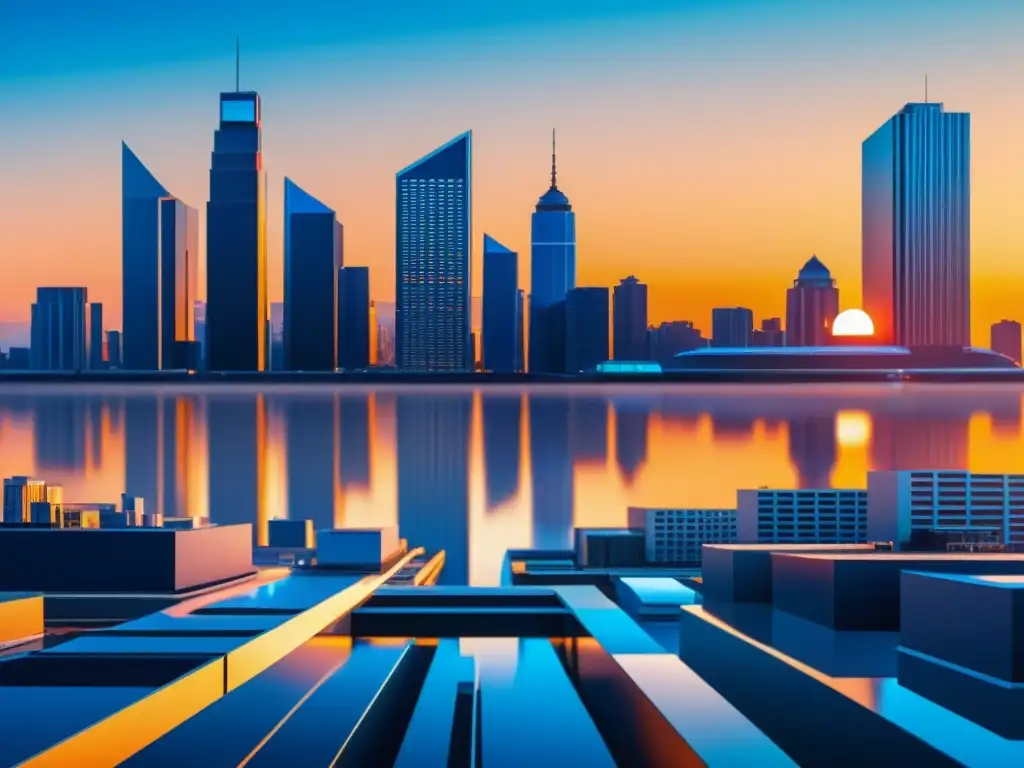 Una ciudad futurista con edificios imponentes reflejando la cálida luz del atardecer