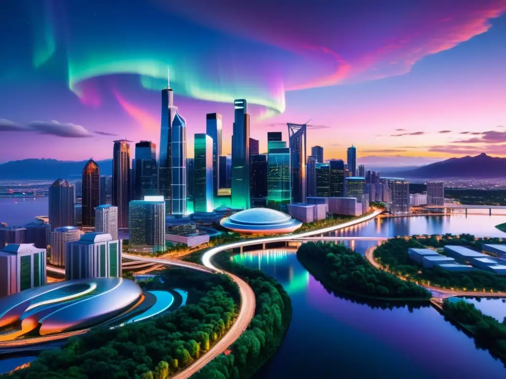 Una ciudad futurista minimalista con rascacielos reflectantes, senderos luminosos y auroras boreales, en una dinámica austriaca propiedad intelectual