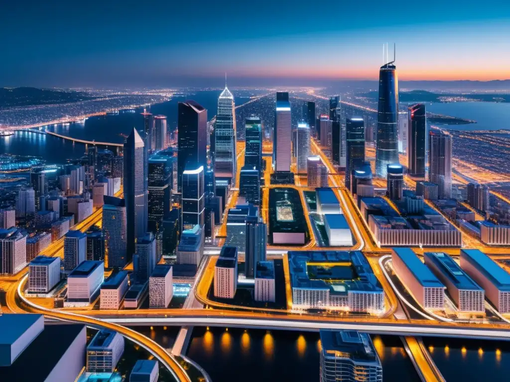 Una ciudad futurista en la noche con rascacielos iluminados, carreteras y puentes, proyectando orden y eficiencia