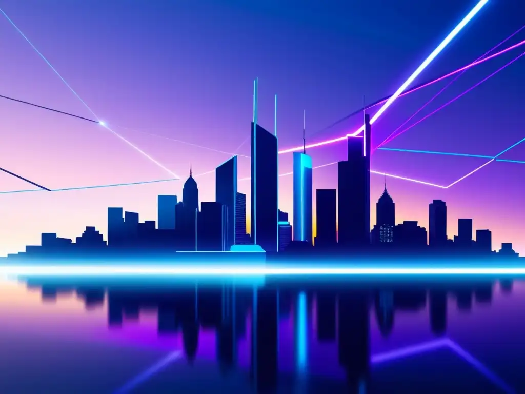 Una ciudad futurista en tonos azules y morados con redes de datos brillantes