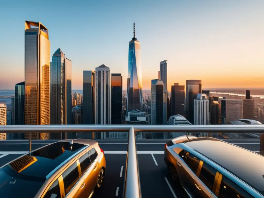 Una ciudad moderna con rascacielos de vidrio reflejando la luz dorada del atardecer