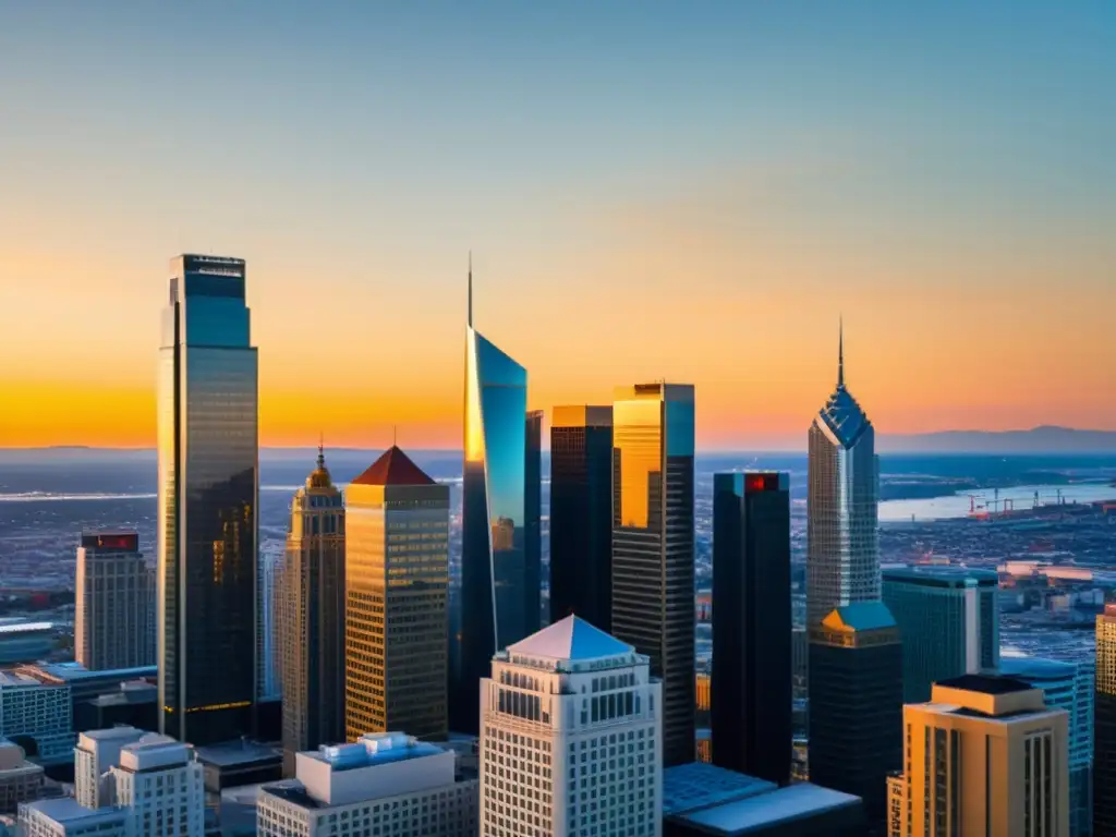 Una ciudad moderna y próspera, con rascacielos de vidrio y edificios históricos, bañada por la suave luz del atardecer