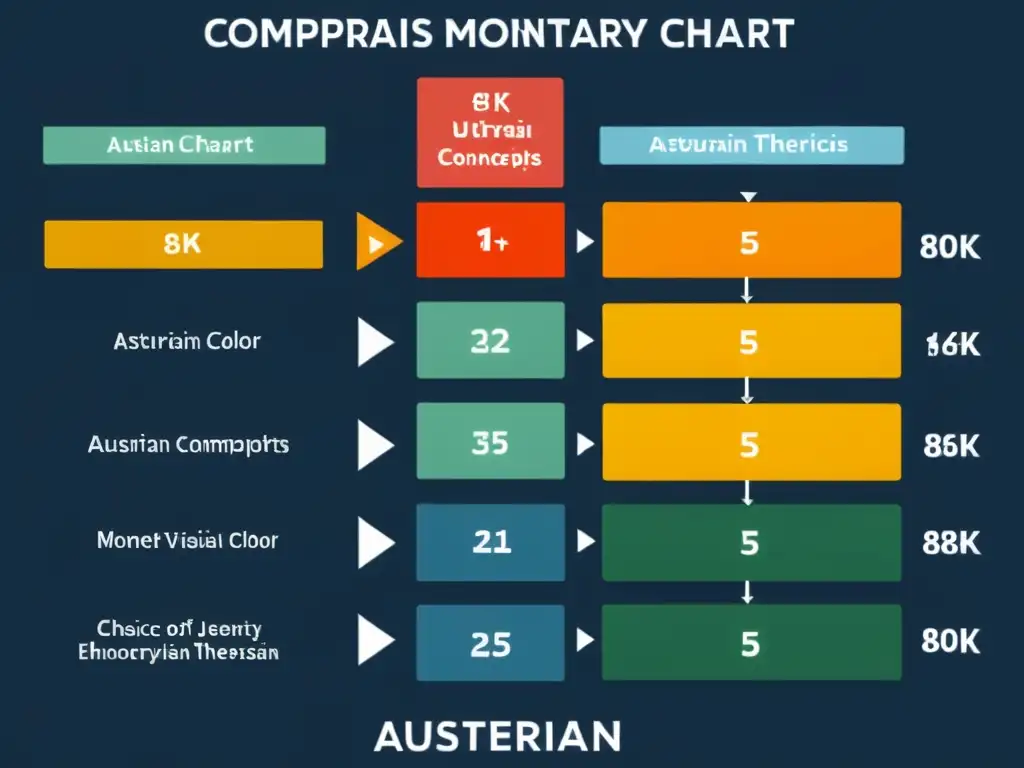 Comparación clara y detallada de Teoría Monetaria Austriaca frente a otras, en diseño minimalista de alta resolución