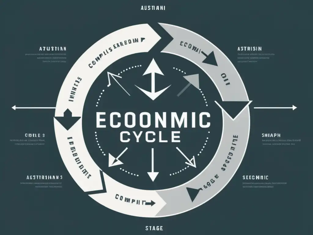 Compleja ilustración minimalista de ciclo económico según la Escuela Austriaca, exudando sofisticación y profundidad