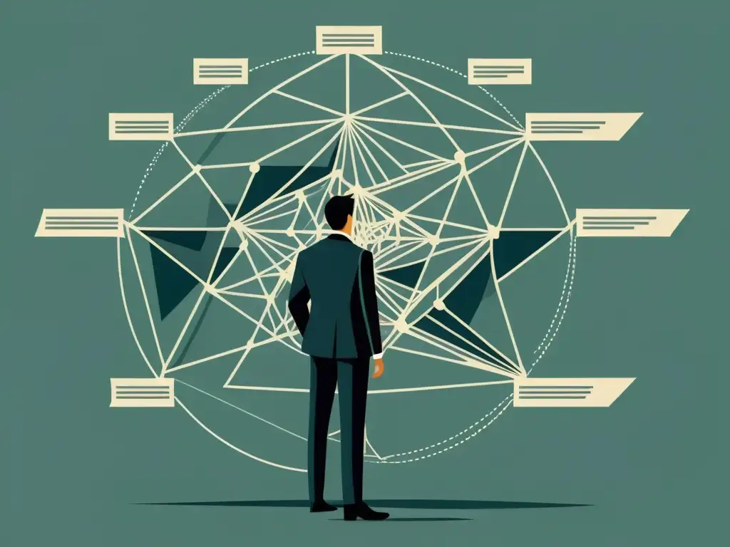 Compleja red de flechas entrelazadas simbolizando la paradoja de la planificación central en economía, en tonos suaves y detallados