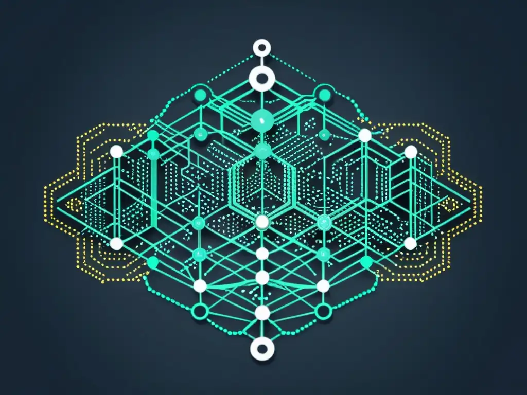 Compleja red de nodos blockchain en ilustración minimalista, integrando criptoeconomía en la teoría austriaca