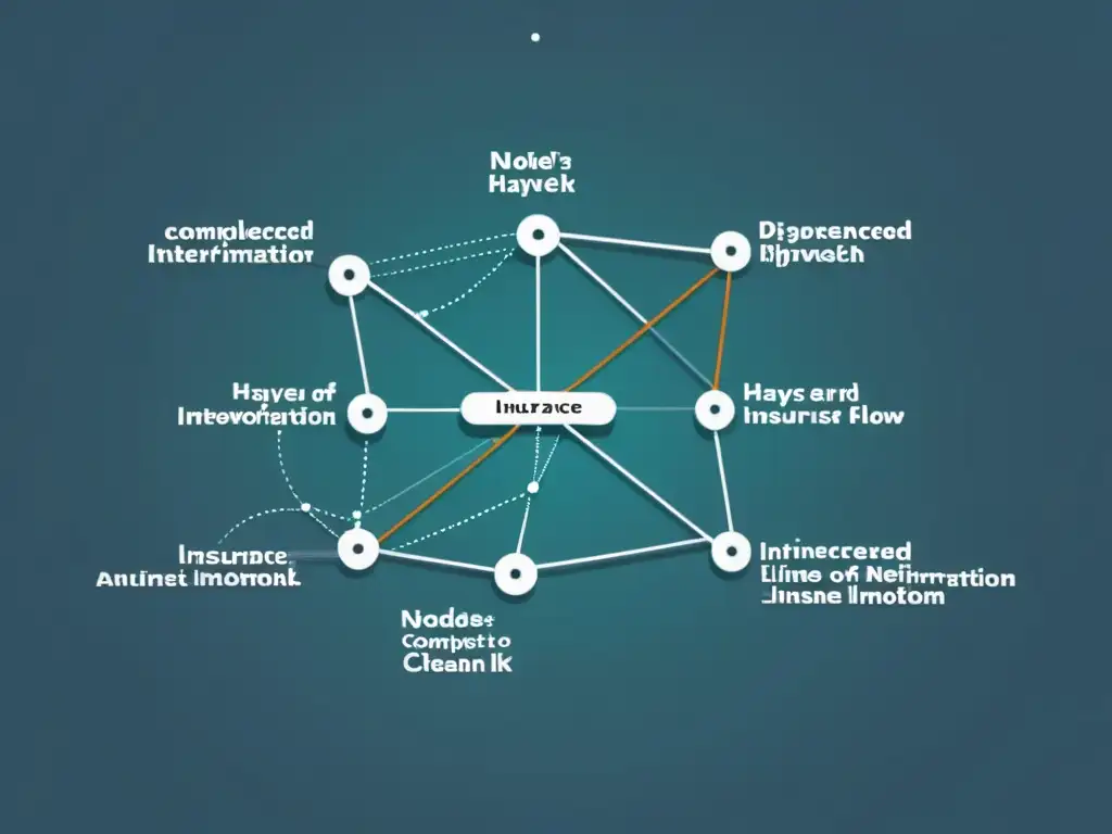 Red de información en la teoría de Hayek: ilustración minimalista Compleja red de nodos e información dispersa en la Teoría de los seguros de Hayek, ilustrada con líneas y términos clave