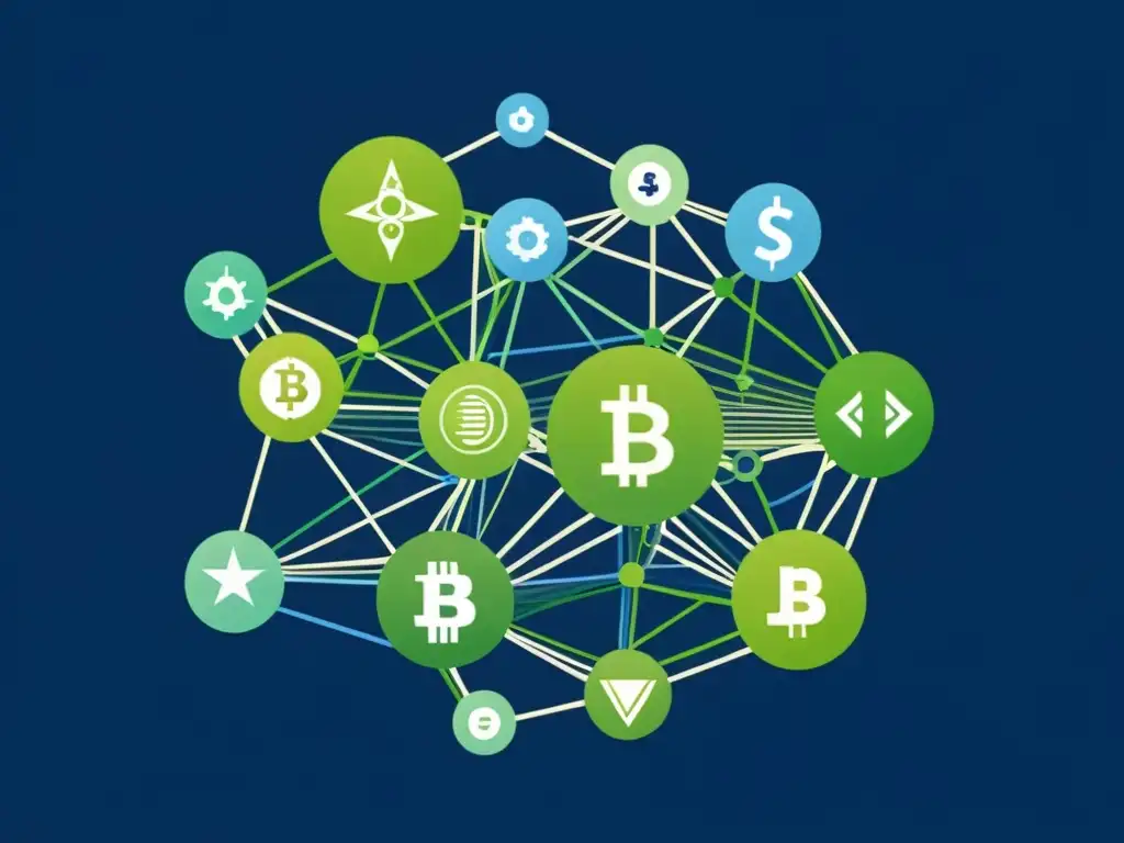 Compleja red de nodos y líneas en tonos azules y verdes, simbolizando la Teoría del Ciclo Económico Austriaca en criptomonedas
