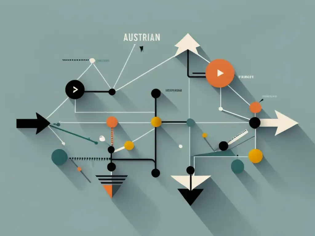 Compleja red de Teoría del Ciclo Económico Austriaca e inflación: ilustración minimalista con formas geométricas y colores suaves