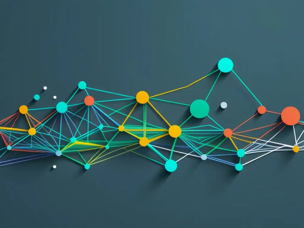 Compleja red de visualizaciones financieras con líneas y nodos coloridos, transmitiendo precisión