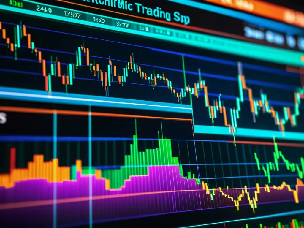 Compleja representación visual de plataformas de trading algorítmico en la teoría del mercado, con patrones e indicadores vibrantes