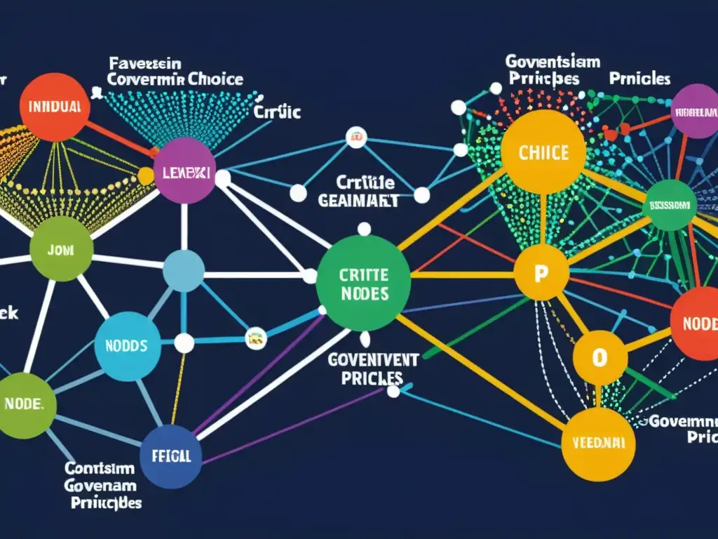 Complejas teorías económicas contrastantes representadas en redes dinámicas de nodos y caminos coloridos, capturando la crítica de Hayek al keynesianismo