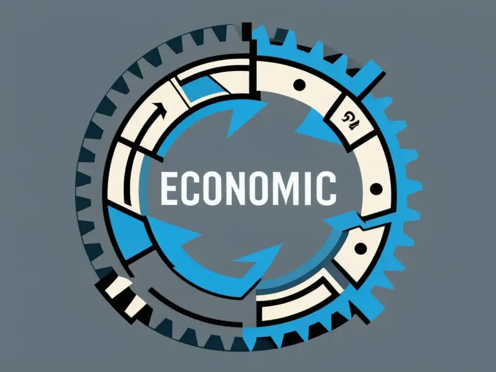 Un complejo ciclo económico austriaco se representa en una ilustración minimalista de tonos grises y azules, simbolizando la era de la información