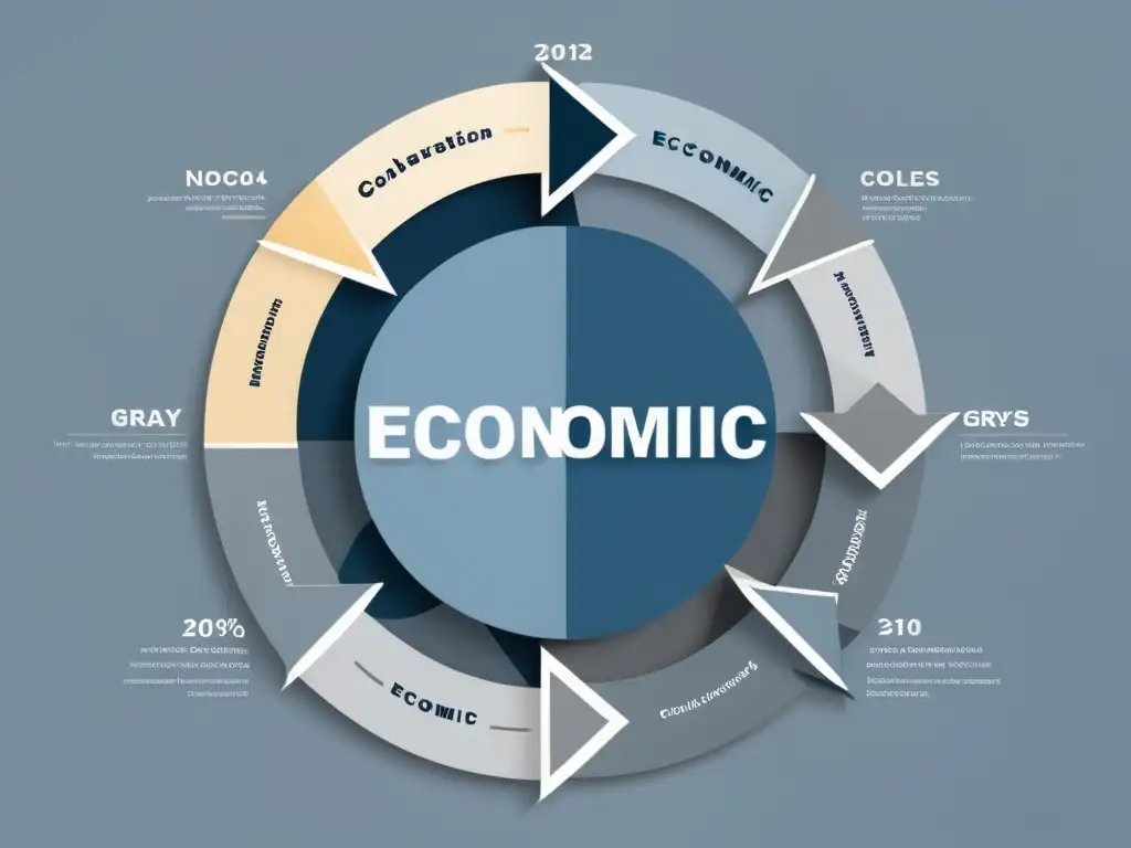 Complejo ciclo económico con flechas interconectadas y gráficos en tonos azules y grises, representando la economía colaborativa y la Teoría Austriaca